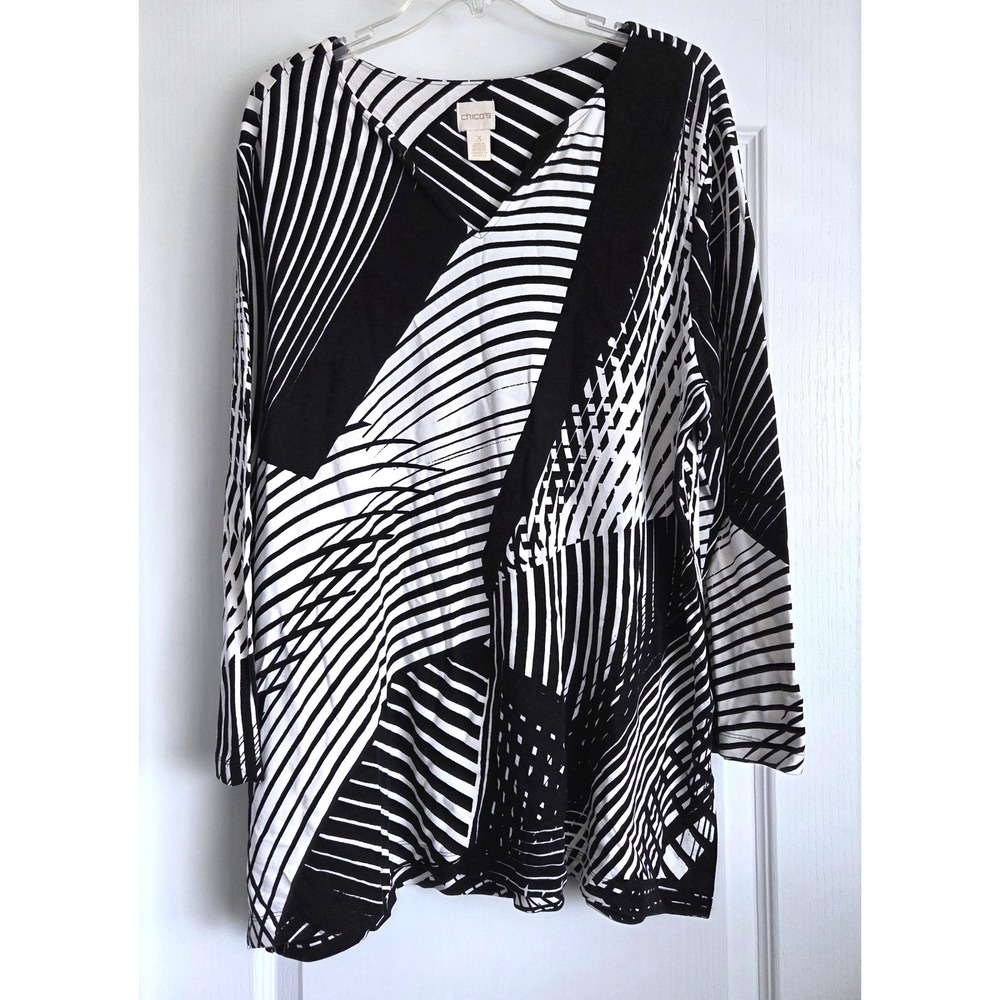 Chicos Black White Abstract Geometric‎ V-Neck Long Sleeve Tunic Top Size 3/XL